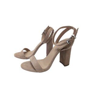 Express Chunky Heel Sandal Womens 7 Tan Faux Suede Dressy Open Toe Neutral